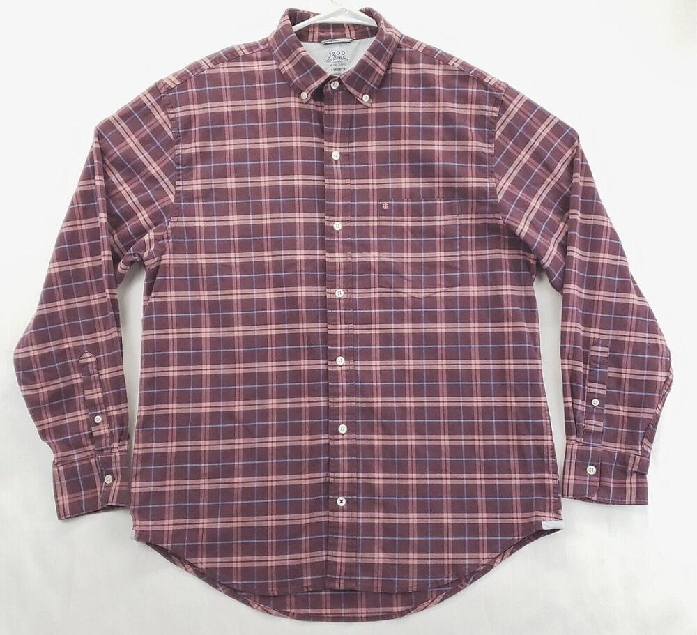 IZOD Saltwater Flannel Shirt Mens Medium Maroon Pink Stretch Relaxed Classics